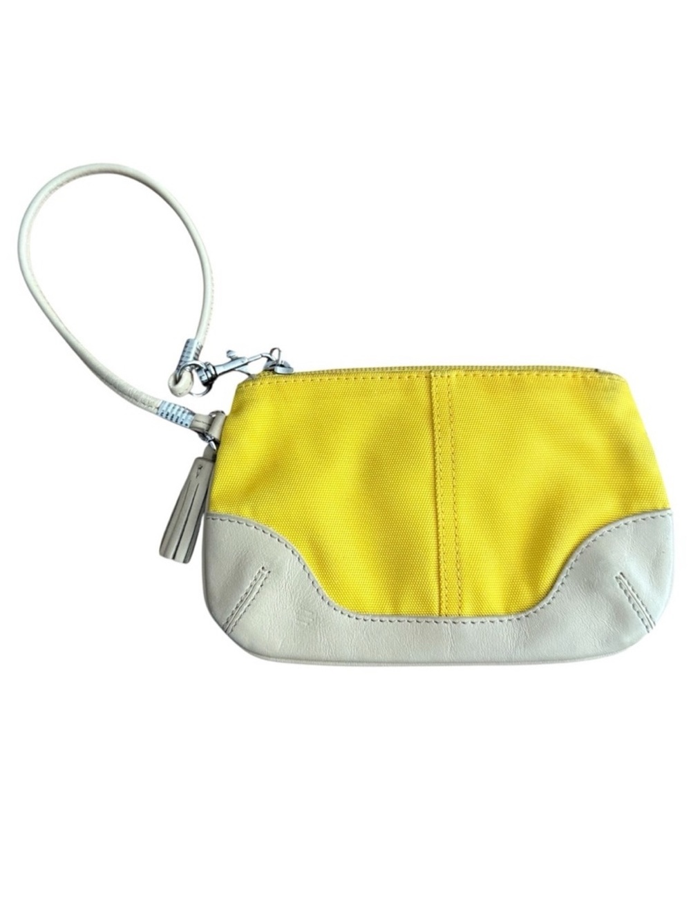 DANIER Wristlet Coin Change Purse Pouch Yellow Nylon Cream Tan Leather Zipper